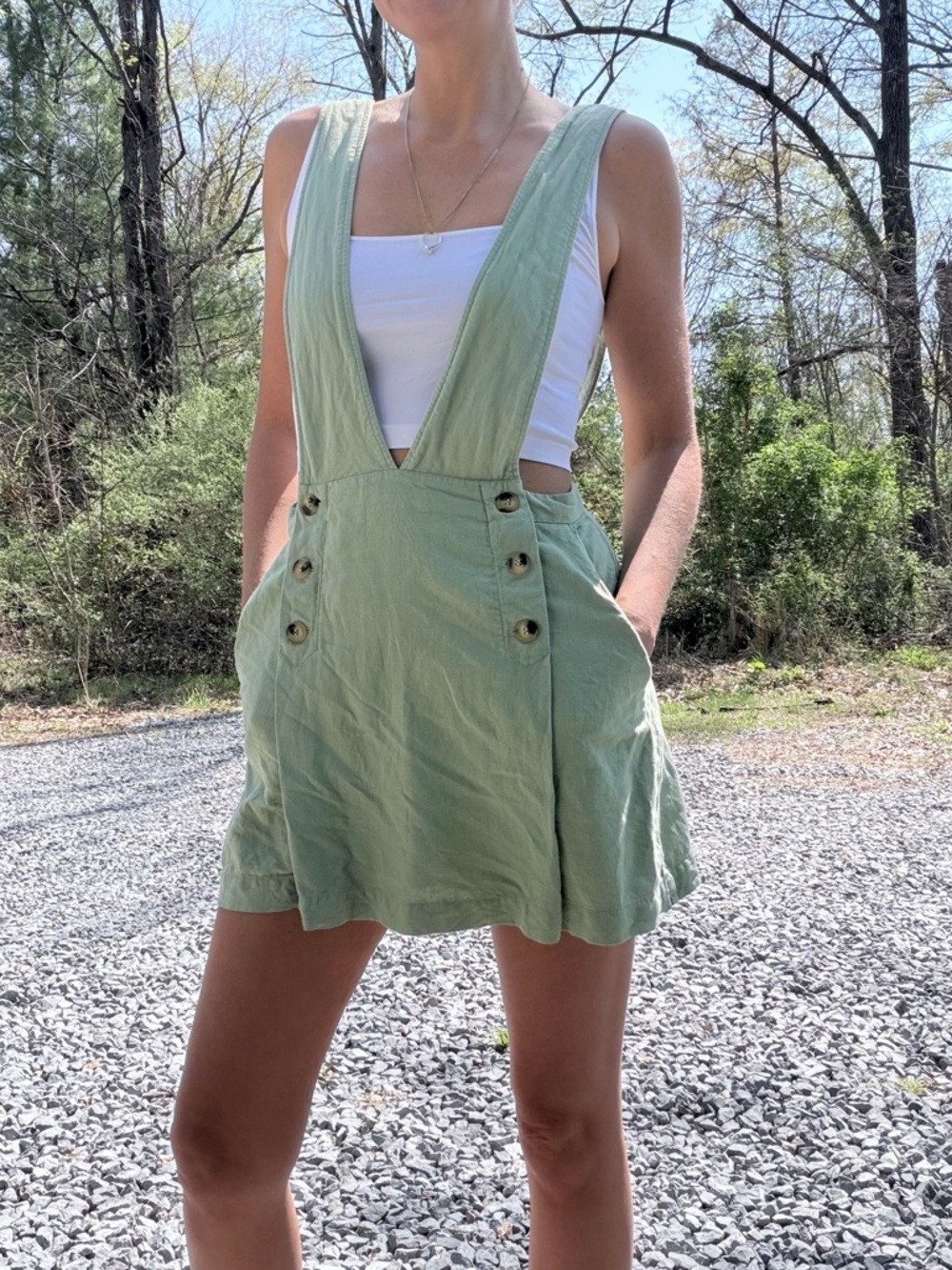 Zara‎ Linen Cotton Blend Suspender Shorts in Green Size Small